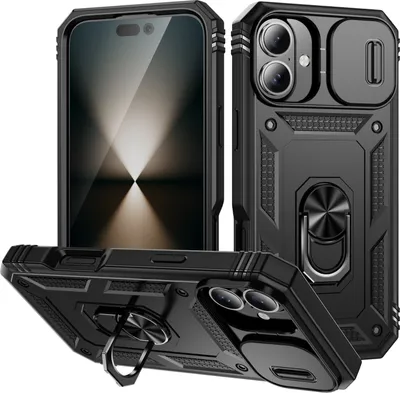 Obrázek produktu pro Pouzdro pro iPhone 17 posuvná ochrana kamery, robustní nárazuvzdorné, s držákem prstenu, stojánkem a držákem na karty černé