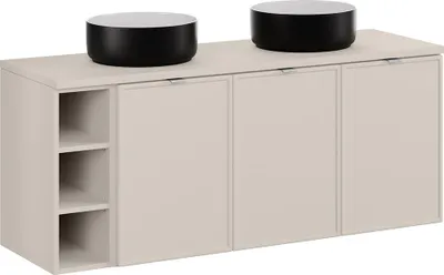 Produktbild von Badezimmer-Doppelwaschtisch 140 cm in Kaschmir mit 3 Türen, 3 Fächern & 2 Aufsatzwaschbecken - BIBIONE-56