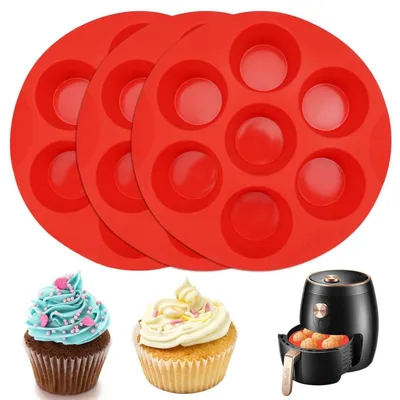 Zdjęcie produktu dla Zestaw 3 formy do muffinek do frytkownicy bezolejowej, silikonowe, z powłoką antyprzywierającą, 7 otworów, średnica 21 cm, idealne do muffinów, brownie, ciast i budyniów