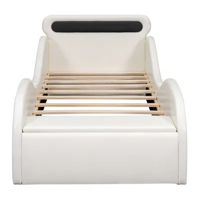 Produktbild von Flieks Kinderbett 90x200cm mit Rausfallschutz, Autobett mit Leuchtenden Autoreifen, Bodenbett Spielbett mit Lattenrost und Stauraum, PU, Weiß