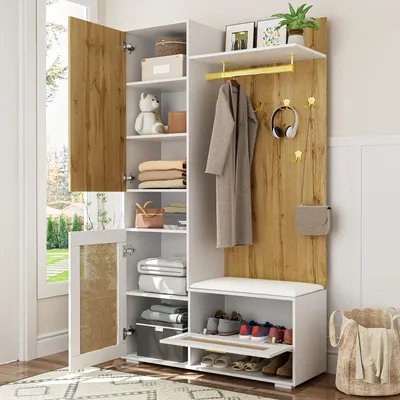 Image de MODFU Vestiaire d’entrée Blanc avec Éclairage LED et Miroir, Meuble d’entrée avec Armoire à Chaussures et Crochets Dorés, 110x38x190 cm