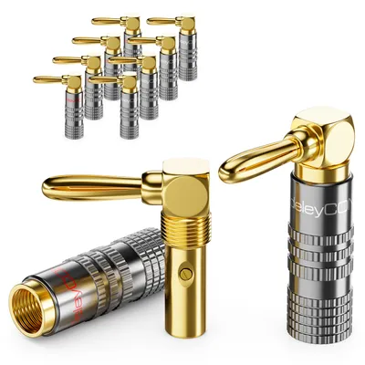 Produktbild von deleyCON 10 Stück Bananenstecker Set 90° Gewinkelt - Vergoldet Schraubbar für Lautsprecherkabel Boxenkabel 0,75 mm - 4,5 mm & z. B. HiFi Heimkino Receiver
