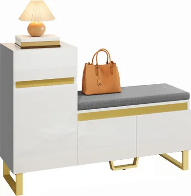 Produktbild von Schuhschrank mit Sitzbank - Weiß und Gold - Gepolstertes Sitzkissen - Schublade und Türen - Offenes Ablagefach