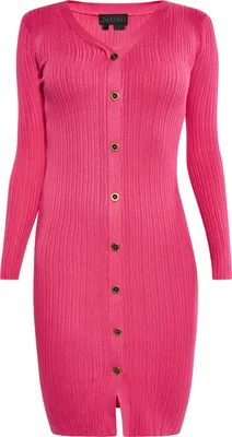 Produktbild von Damen Rippstrickkleid pink mittellang mit V-Ausschnitt und langen Ärmeln Gr. L