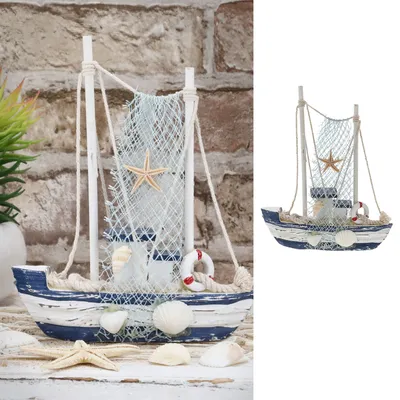 Produktbild von Fischerboot blau weiß 15x16,5x5cm Holz Boot Schiff Fischernetz Muscheln Seestern martim Dekoboot