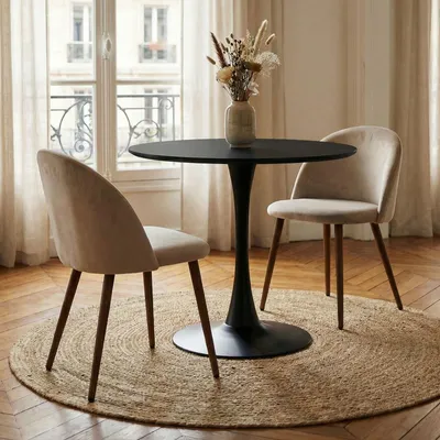 Produktbild von Essgruppe LOIRE/NAVIA mit Tisch mit 2 Stühlen, Schwarz/Hellgrau - runder Esstisch 80 cm mit 2 Polsterstühlen für Küche und Apartments, Tisch mit stabilem Tulpenfuß, Tisch mit 2 Stühlen Set