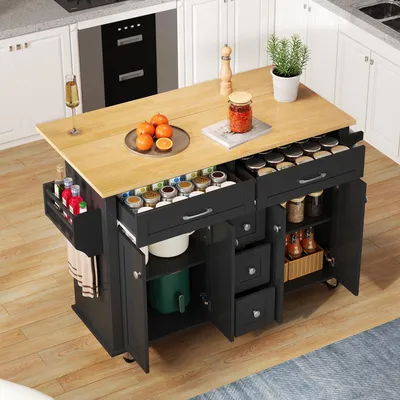 Productafbeelding van Multifunctionele keukentrolley, 120x65 cm, uitbreidbaar, met 5 lades, kastjes, kruidenhouder en handdoekhouder, voorzien van wielen.