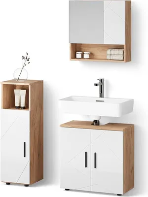Produktbild von Badmöbel-Set Livinity Ronco Weiß Hochglanz/Goldkraft Eiche 3 Teile, Model 52832