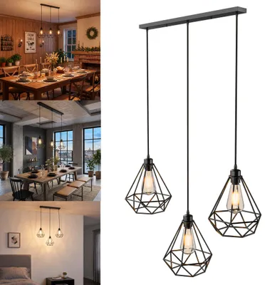 Produktbild von LZQ Pendelleuchte Esstisch 3-flammig Schwarz, 3 x 15W Vintage Hängelampe E27 Industrial Retro inkl. Leuchtmittel für Esszimmer, Wohnzimmer, Büro & Hotel, Typ A