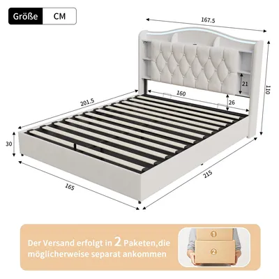 Image de Lit rembourré - Lit double 160 × 200 cm - Éclairage LED - Espace de rangement - Tête de lit avec ports USB et Type-C - Velours - Beige