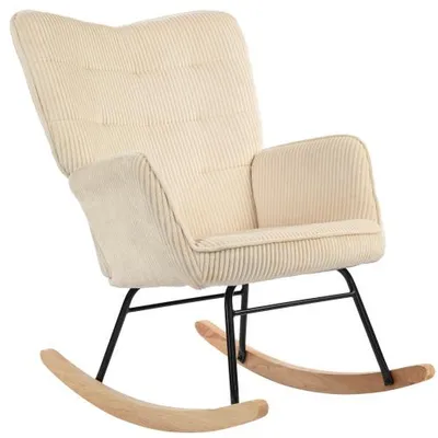 Produktbild von Relaxsessel Beige 71 x 98 x 101 cm Schaukelstuhl Schaukelsessel Kordoptik Armlehne Sessel Holzkufen Wohnzimmer Schlafzimmer