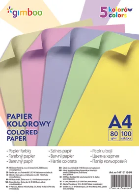 Produktbild von Farebný papier GIMBOO A4, 100 listov, 80 g, 5 pastelových farieb