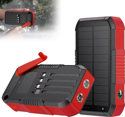 Produktbild von Tragbare Solar Powerbank 63800mAh mit Kurbelgenerator, 22,5W Schnellladefunktion, integrierte Ladekabel, LED Taschenlampe für Notfall