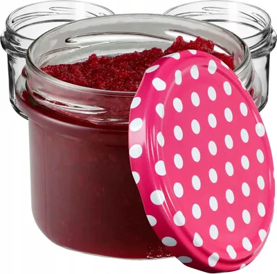 Produktbild von KADAX zavařovací sklenice s víčkem "Tartu", zavařovací sklenice, 235 ml, 100 kusů, víčko se vzorem růžového hrášku