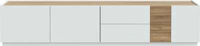 Produktbild von Forte LEWISVILLE TV Schrank 240, minimalisches Lowboard, Wohnzimmer, 3-türig, 2 Schubladen, Holzwerkstoff, Secret Grey | Valenica Eiche Holzdekor, 239,4 cm breit x 50,4 cm hoch x 41 cm tief