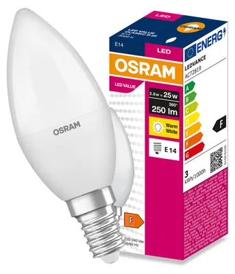 Produktbild von LED-Lampe E14, B37, "Świeczka", 2,8W = 25W, 250lm, 3000K (warmweiß), 180°, VALUE CLASSIC, Osram, KI-generiertes Bild