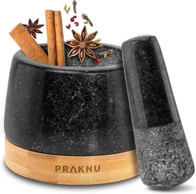 Produktbild von Famanu Mörser mit Stößel aus Granit - Für feines Mahlen - Mit Untersetzer ausem Holz