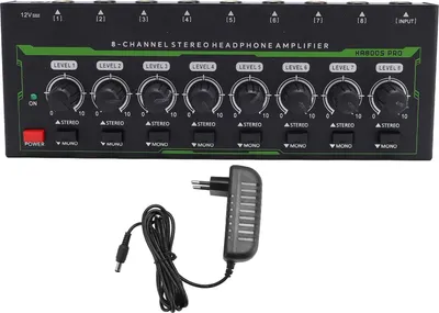 Zdjęcie produktu dla 8-kanałowy wzmacniacz słuchawkowy stereo, interfejs 6,35 mm, niezależny regulator głośności wzmacniacz z podświetleniem RGB, wtyczka UE