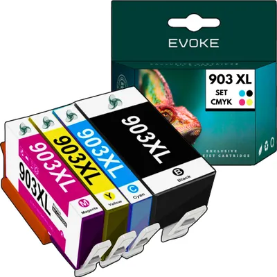 A set of four ink cartridges and their packaging.