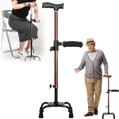 Obrázok produktu pre Chôdítko s posadovkou – Pomoc pri vstávaní – Podpora pri chôdzi – Štvornožná základňa – 62-85 cm – Čierna farba