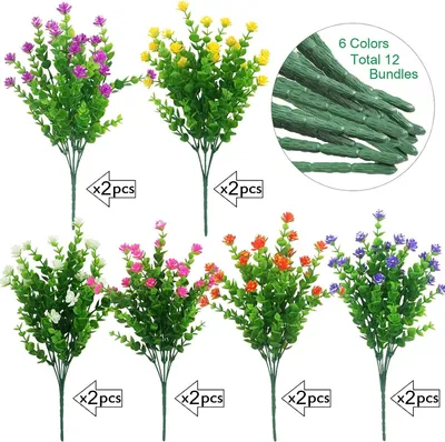 Produktbild von 12 Bündel Künstliche Blumen Outdoor Indoor, Künstliche Kunstblumen UV-beständige Sträucher Pflanzen zum Aufhängen Pflanzer Zuhause Hochzeit Veranda Fenster (6 Colors)