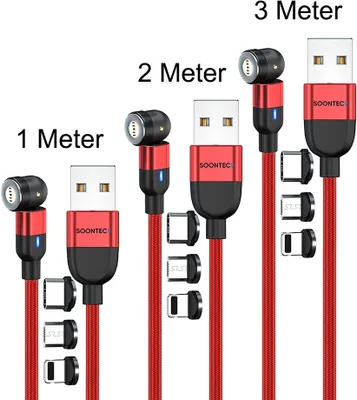 Produktbild von Magnet Ladekabel 3er Set (1 Meter+2 Meter+3 Meter) SOONTEC Magnetladekabel drehbar 360°&180° mit je 3 Stecker Micro USB/ USB-C/ Lightning 3,0 A Ladekabel (Rot)