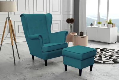 Obrázek produktu pro Kaiser Möbel Elegantní set, dřevěný rám, sada křídlových židlí + podnožka, látka Velutti ocean