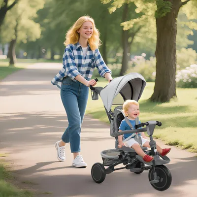 Image de Tricycle pliable 6-en-1 pour enfants, siège pivotant à 360°, poignée de poussée, gris | 111,5 x 52 x 98 cm | Dossier à 4 positions | Acier