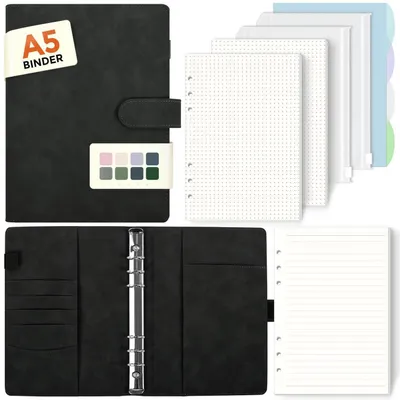 Produktbild von A5 Ringbuch Nachfüllbar mit 135 Blättern, Notizbuch mit Bindertaschen, Schwarz
