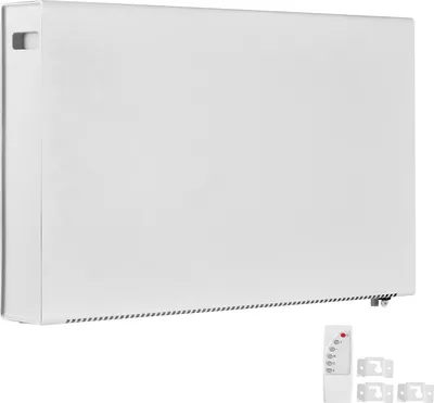 A white electric convector heater with a remote control and mounting brackets shown on a white background.