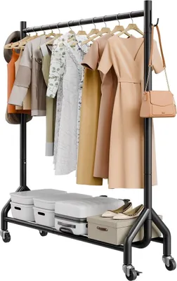 Imagen del producto de Perchero para ropa, carro para colgar prendas con barra y ganchos laterales, capacidad de carga de 90 kg, percheros robustos de acero al carbono con ruedas, ideales para dormitorios, lavanderías y salones