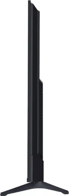 Side view of a black LG television on a stand, isolated on a white background.