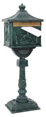Image de Boîte aux lettres Relaxdays, style antique, design britannique, aluminium inoxydable, dimensions (H x B x P) : 118 x 41 x 29 cm, boîte aux lettres sur colonne, couleur verte