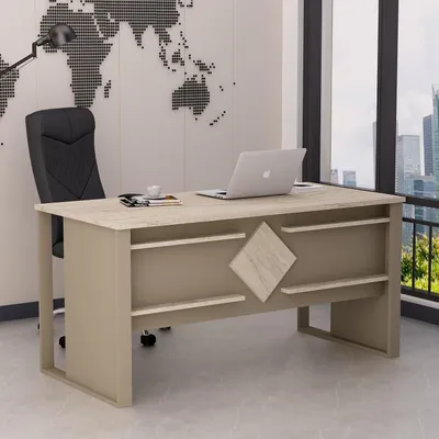 Produktbild von HOMIDEA BOSS Schreibtisch 150 x 72 x 75,6 cm - Moderner Schreibtisch für Zuhause oder Büro - Beige/Travertin