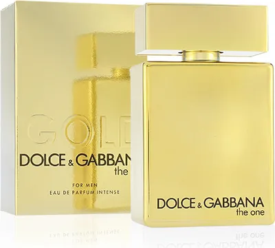 A product shot of a gold-colored perfume bottle and its packaging.