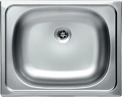 A top-down view of a stainless steel sink with a drain.