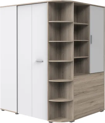 Produktbild von begehbarer Eckkleiderschrank mit Falttür JOHANNESBURG-43 in Eiche Nb. mit weiß, B/H/T: ca. 124/199/148 cm