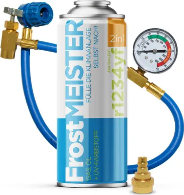 Zdjęcie produktu dla FROSTMEISTER 2 w 1 400 ml – puszka z czynnikiem R1234yf + wąż z manometrem + adapter – ZESTAW DO SAMODZIELNEJ NAPRAWY KLIMATYZACJI