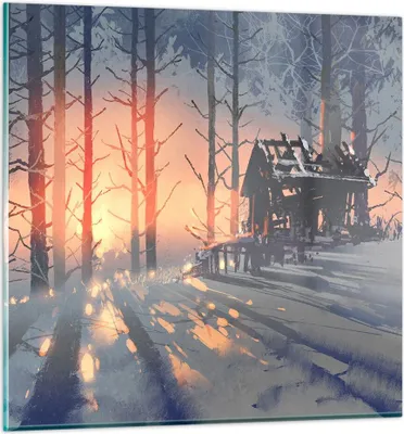 Produktbild von Bilder auf glas - Winter Wald Hütte - 70x70cm - Glasbilder - Wandbilder - Kunstdruck - zum Aufhängen bereit - Wanddekoration aus Glas - Glas Bilder - Wandbild auf Glas - Einteilig - GAC70x70-3854