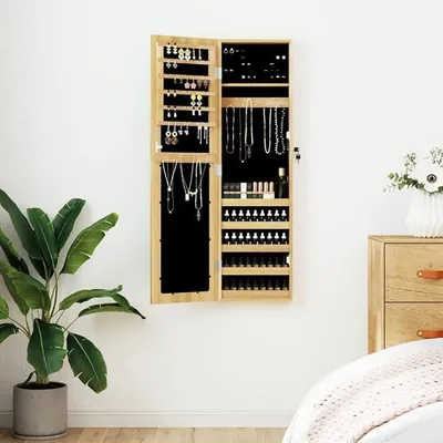 Produktbild von Wandmontierter Schmuckschrank mit Spiegel 30x8,5x106 cm, abschließbar, eleganter Kosmetikspeicher für Schlafzimmer Flur Badezimmer, mit robustem Holzwerkstoff und großem Spiegel