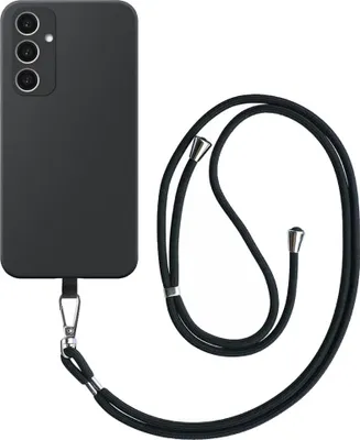 Zdjęcie produktu dla Etui na telefon Samsung Galaxy S23 FE z odpinaną czarną smyczą - elastyczne etui na tył z silikonu TPU z czarną smyczą - czarne - Smartphonics