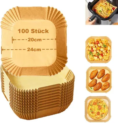 Obrázek produktu pro Papírové ubrousky do fritézy s horkým vzduchem, 100 kusů, jednorázové, nepřilnavé misky, hnědé, vhodné pro fritézy s horkým vzduchem, průměr 20–24 cm