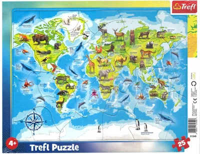 Zdjęcie produktu dla TREFL Puzzle mapa świata ze zwierzętami 25 elementów