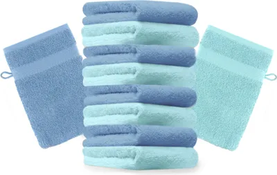 Produktbild von Betz 10 Stück Waschhandschuhe 16x21 cm PREMIUM 100% Baumwolle  Farbe: türkis und hellblau