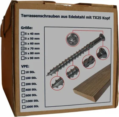 Obrázok produktu pre Skrutka do palubovky z nehrdzavejúcej ocele s hlavou Torx, veľkosť 5 x 70 mm, množstvo 400 kusov (balenie 400 kusov)