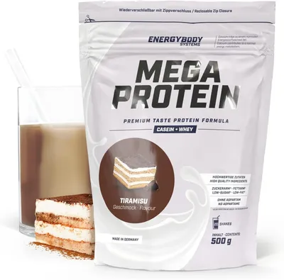 Produktbild von Energybody Mega Protein "Tiramisu", Proteinpulver mit Whey und Casein, Eiweißpulver, 500 g Beutel