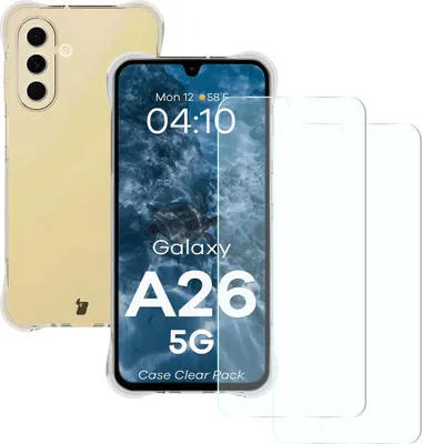 A clear case and two screen protectors for a Samsung Galaxy A26 5G phone are displayed.