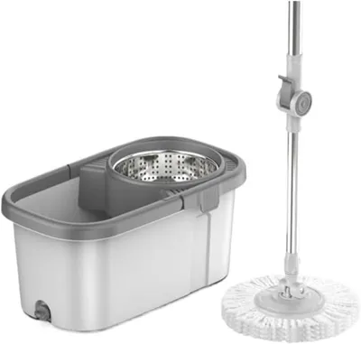 Imagen del producto de Kit de limpieza para suelos que incluye frotador, cubo con escurridor y dos cabezales de fregona lavables, ideal para la limpieza húmeda de suelos