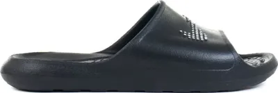 A black Nike slide sandal shown from the side.