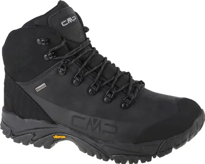 A black CMP hiking boot is shown against a white background.